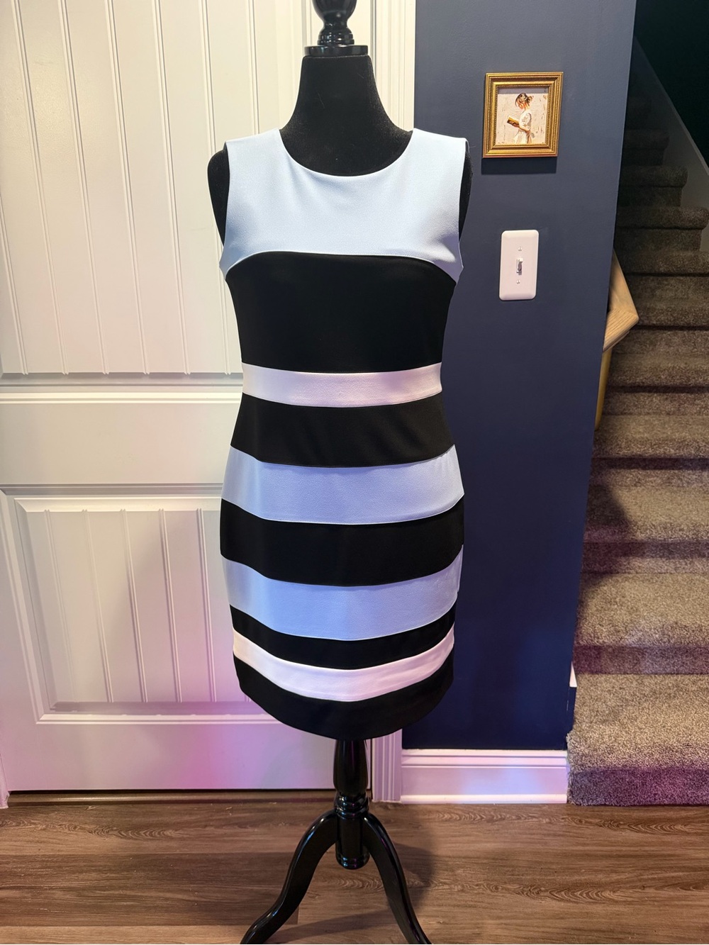 Tommy Hilfiger Sleeveless Black and Light Blue Striped Midi Dress